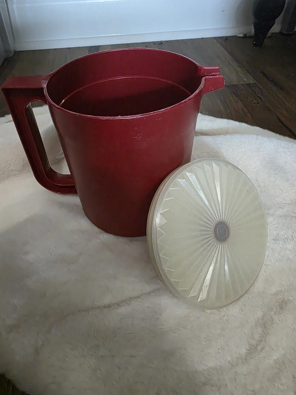 Vintage Tupperware Red Plastic Pitcher with Cream Lid - Home Kitchen